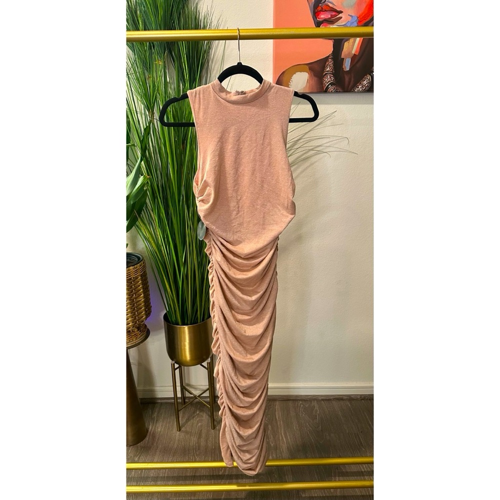 PRIVY Ruched Mock Neck Midi Bodycon Dress in Blush Champagne - Size Large